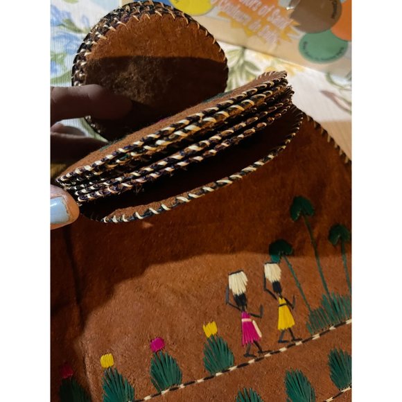 Vintage African Coconut Husk Coasters/Mat Embroidered Needle Point - Picture 3 of 4